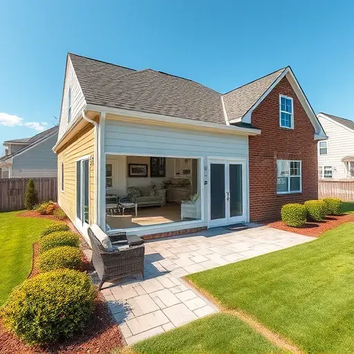Beautiful modern residential addition in Hampstead NC with large windows brick and siding landscaping and outdoor patio