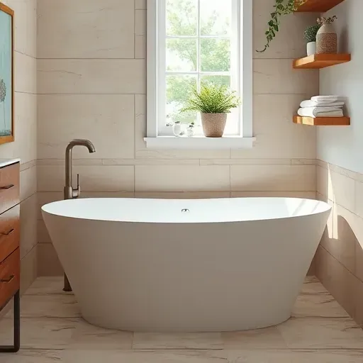 Freshly installed luxurious freestanding bathtub in Hampstead NC with modern design, tiled bathroom, natural light, and elegant fixtures