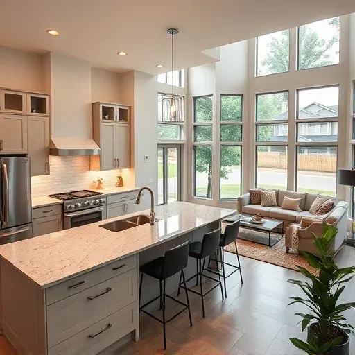 Modern kitchen remodel in Rocky Point Farms NC with granite countertops, stainless steel appliances, and spacious living area.