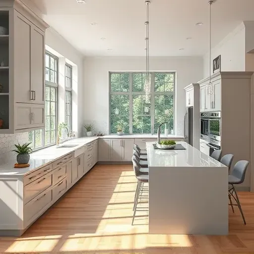 Renovated kitchen in Hampstead Hills NC with sleek gray cabinets, quartz countertops, and modern appliances in spacious layout.