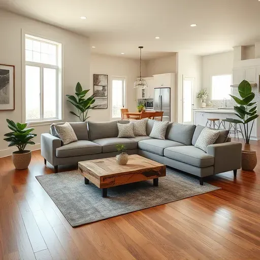 Modern living room in Rocky Point Farms NC with spacious layout, stylish sectional sofa, natural light, and elegant decor.