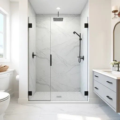 Modern walk-in shower with frameless glass doors, marble tiles, brushed nickel fixtures, and coastal accents in Hampstead NC