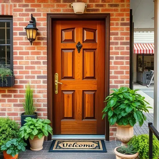Bright wooden door with brass hardware, brick facade, lush greenery, and welcoming doormat on a cozy Hampstead sidewalk