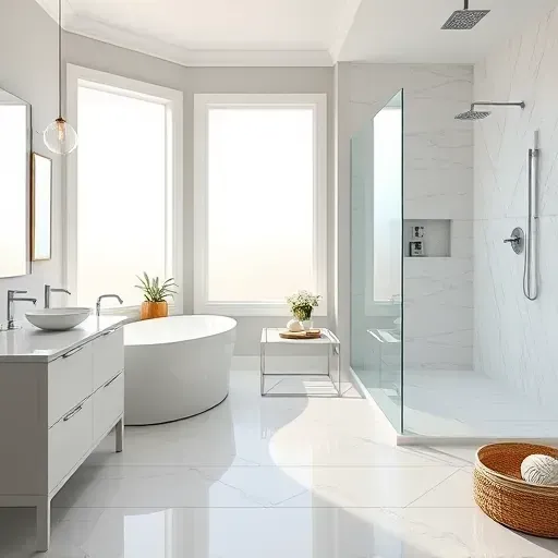 Modern bathroom remodel in Hampstead NC featuring marble countertops, freestanding tub, and glass shower with coastal decor.