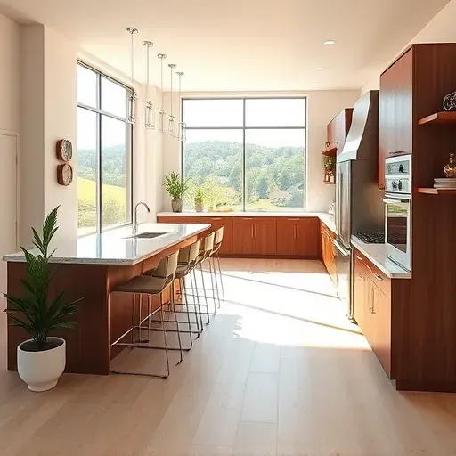 Modern kitchen remodel in Monkey Junction, NC features granite countertops, walnut cabinetry, and natural light.