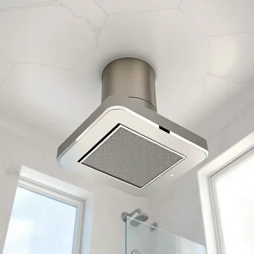 Newly installed sleek metallic bathroom exhaust fan in a modern Hampstead NC bathroom with tiled ceiling and natural light