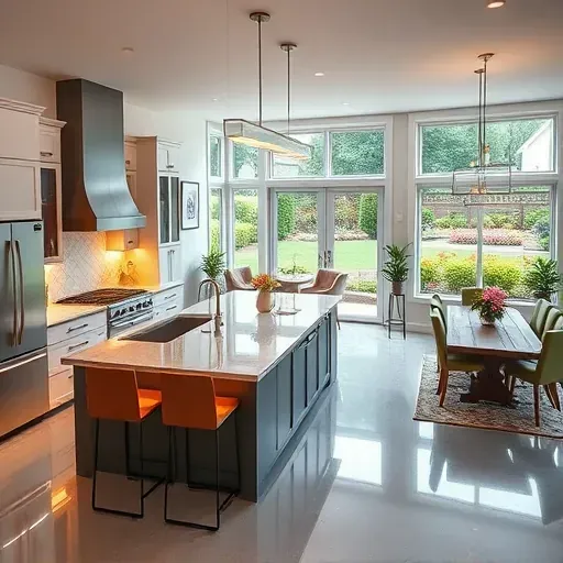 Modern kitchen remodel in Hampstead Park NC with custom cabinetry, granite countertops, and elegant dining area.