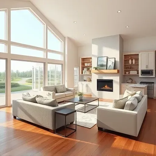 Sunlit living room in Sneads Ferry NC with wooden floors, modern fireplace, and coastal design elements.