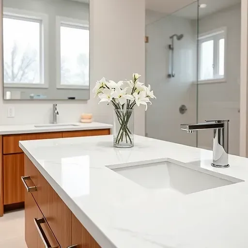 Newly installed marble bathroom countertop in Hampstead NC with minimalist decor, natural wood cabinetry, and fresh white flowers