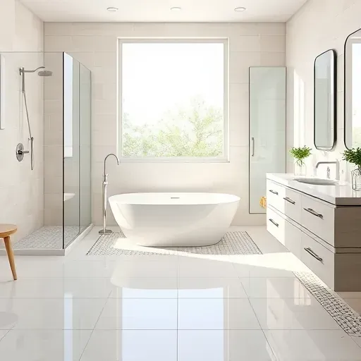 Finished modern bathroom in Hampstead NC with beige and white ceramic tiles, mosaic accents, freestanding tub, and natural light