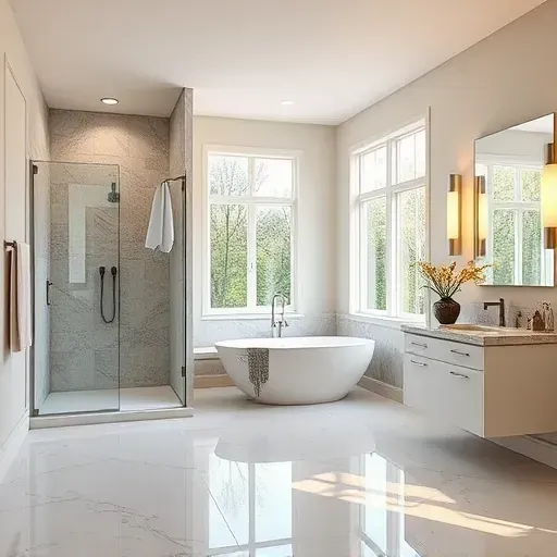 Beautifully remodeled bathroom in Hampstead NC with modern fixtures, walk-in shower, freestanding tub, and elegant tilework.