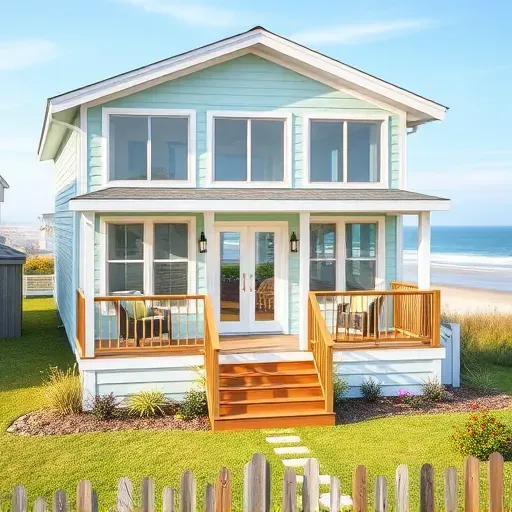 Renovated coastal home in Topsail Beach, NC with light blue exterior, inviting porch, and lush landscaping.