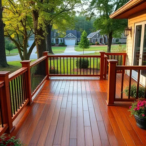Wooden deck in Hampstead NC with polished surface, intricate railings, lush greenery, and a peaceful suburban backdrop