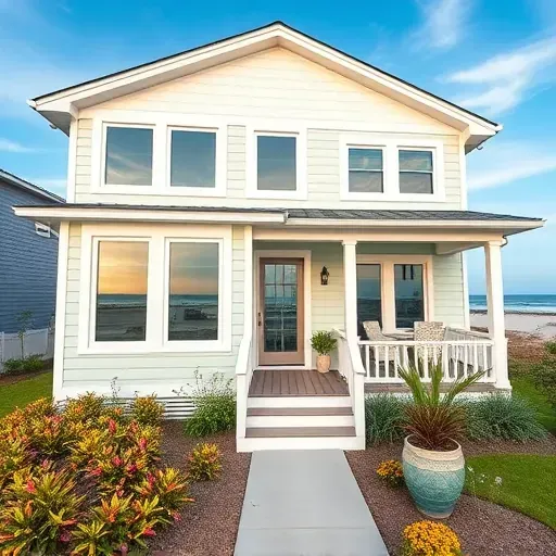 Contemporary coastal home in Carolina Beach NC with ocean hues, large windows, stylish porch, and vibrant garden.