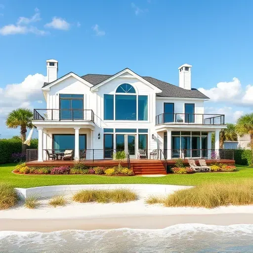 Modern coastal home in Wrightsville Sound NC with white siding, panoramic windows, and stylish outdoor deck.
