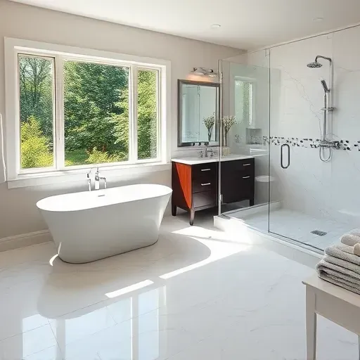 Renovated Hampstead NC bathroom with marble floors, soaking tub, modern vanity, walk-in shower, and lush outdoor view