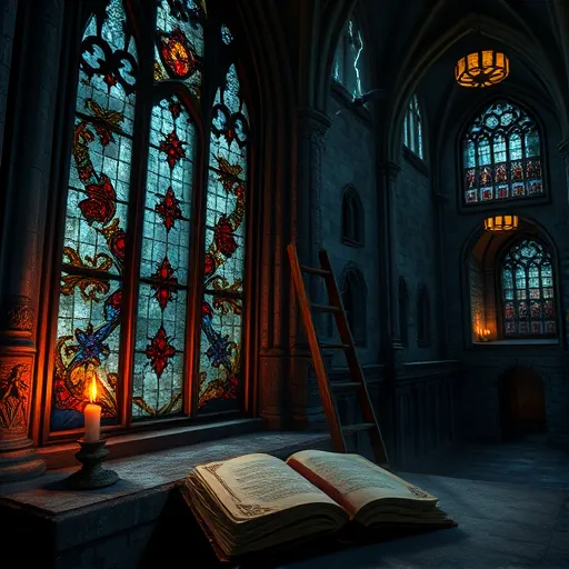 A Gothic-style blog cover image showcasing an ancient cathedral interior illuminated by stained glass windows depicting intricate patterns and pointed arches, casting colorful, fragmented light across dark stone walls and vaulted ceilings. The scene features a stormy sky visible through the glass, with lightning adding dramatic illumination. In the foreground, a weathered wooden ladder leans against a window frame, alongside a flickering candle on a stone ledge and an open leather-bound book with gold detailing, pages fluttering as if moved by the wind. Decorative elements include cobweb-covered iron chandeliers, gargoyle carvings, and tiny bats flying through the scene, creating a spooky yet mysterious atmosphere. The background reveals a dimly lit cloister with creeping ivy and gothic arches, enhancing the sense of an abandoned, mystical space. The color palette consists of deep midnight blues, muted purples, dark emerald greens, fiery reds, and amber hues, evoking a contemplative, eerie mood perfect for themes of architecture, history, or gothic mysteries.