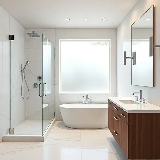 Newly remodeled bathroom in Hampstead NC with modern design, spa-like shower, freestanding tub, and elegant marble accents.