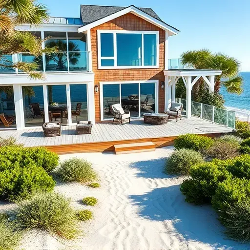 Modern coastal home in Figure Eight Island NC with large windows, deck, and lush landscaping by private beach.