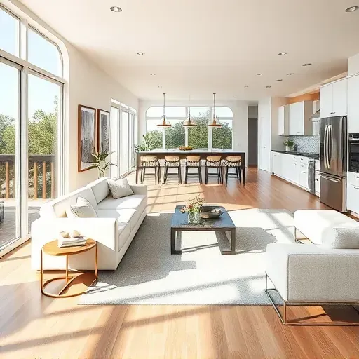 Modern living room in Ogden Beach NC, featuring neutral tones, large windows, hardwood floors, and open-concept kitchen design.