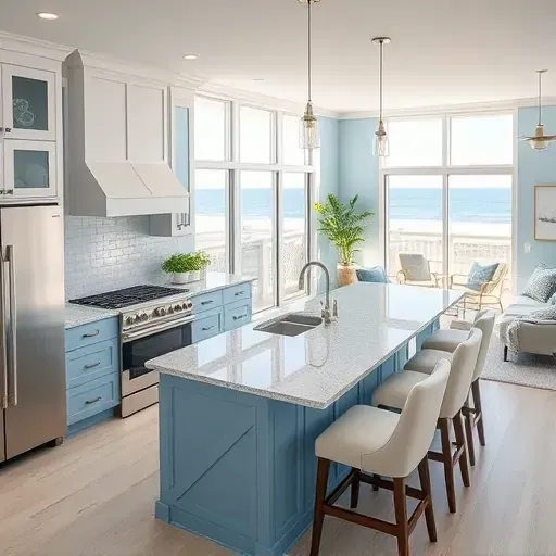 Modern kitchen remodel in Wrightsville Beach NC with high-end appliances, ocean views, and coastal decor.