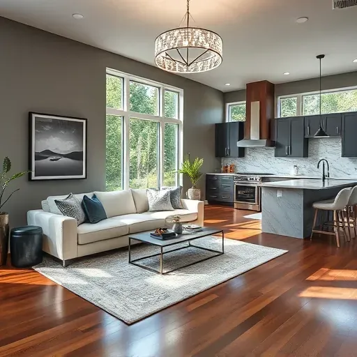Stylish living room in Watha, NC, featuring gray walls, plush cream sofa, and a modern kitchen with a marble island.