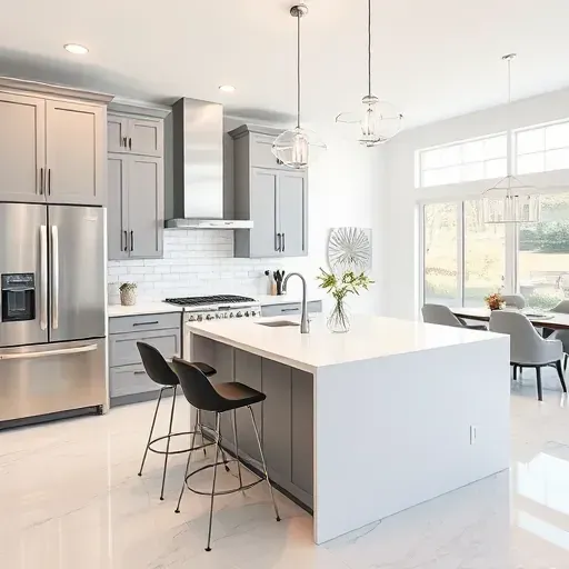 Modern Wilmington NC kitchen features sleek gray cabinetry, white quartz countertops, and open layout with natural light.