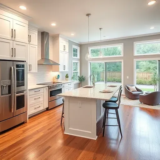 Renovated Hampstead NC kitchen with white cabinets, granite island, stainless appliances, hardwood floors, and large windows