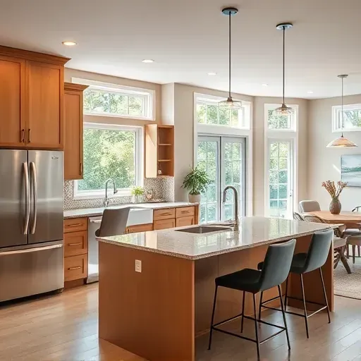 Modern kitchen remodel in Southport NC featuring granite countertops, stainless steel appliances, and inviting decor.
