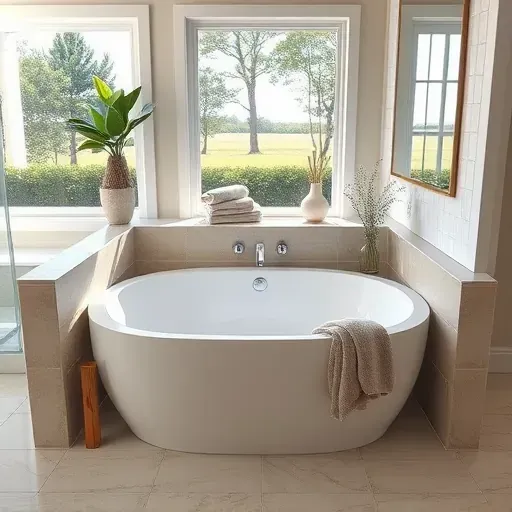 Luxury built-in bathtub in Hampstead NC with sleek design, elegant neutral tiling, scenic outdoor view, and sophisticated details