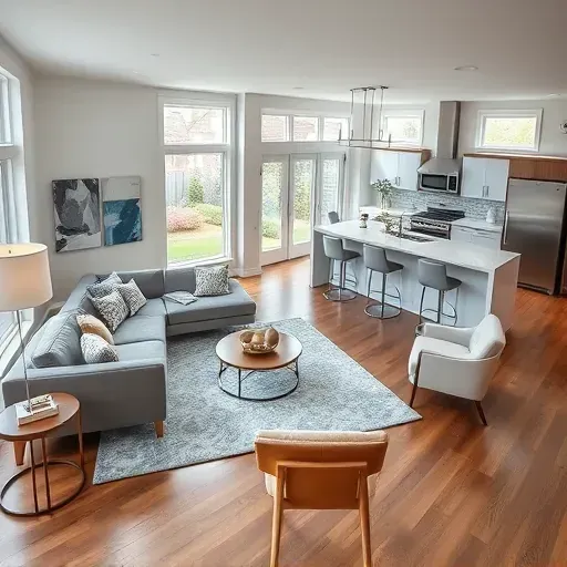 Modern Sneads Ferry home remodeling project featuring a stylish living room with natural light, elegant decor, and seamless kitchen connections.