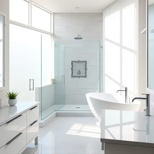 Freshly renovated bathroom in Hampstead NC featuring modern fixtures, glass shower, freestanding bathtub, and marble countertops.