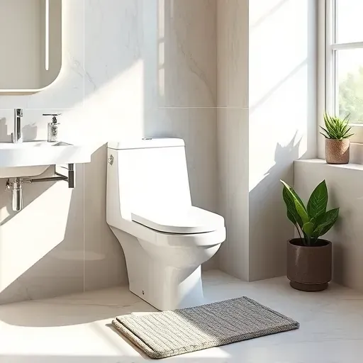 Modern Hampstead bathroom with a white ceramic toilet, chrome fixtures, marble countertop, natural light, and elegant decor