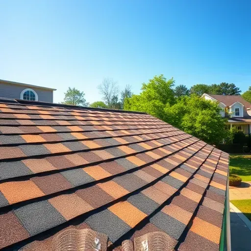 Close-up of a professionally installed residential roof in Hampstead NC with earthy brown and gray shingles, lush yard, blue sky