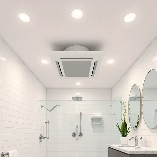 Modern bathroom with sleek exhaust fan, white tiles, glass shower, minimalist vanity, and professional ventilation system in Hampstead NC