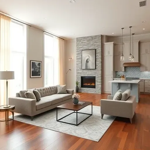 Home remodeling in Wilmington NC showcasing a renovated living room with hardwood floors, modern fireplace, and stylish kitchen.