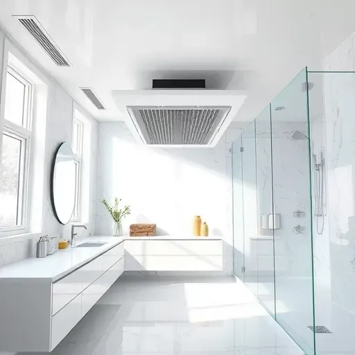Recently installed bathroom exhaust fan in a modern bathroom with marble tiles, natural light, and sleek fixtures