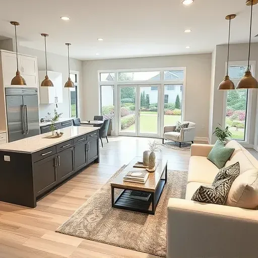 Modern open-concept living room in Monkey Junction NC featuring a stylish kitchen, cozy decor, and natural light.