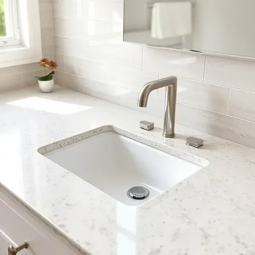 Newly installed modern bathroom countertop in Hampstead NC with polished granite, undermount sink, and textured tiled walls