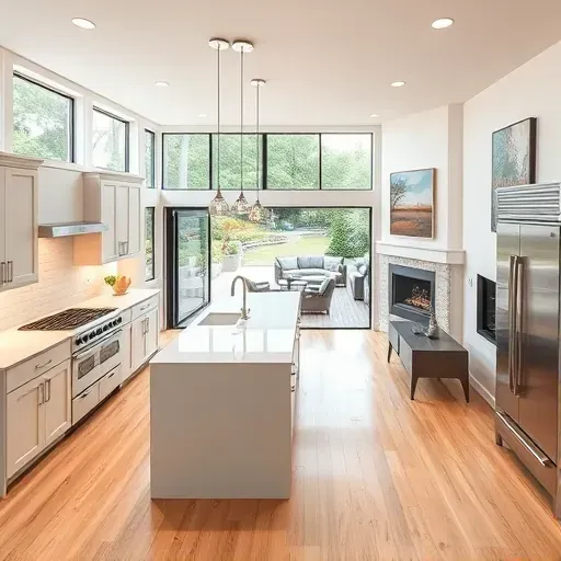 Modern kitchen in Rocky Point NC with quartz countertops, sleek cabinetry, and bright living area showcasing elegant design.
