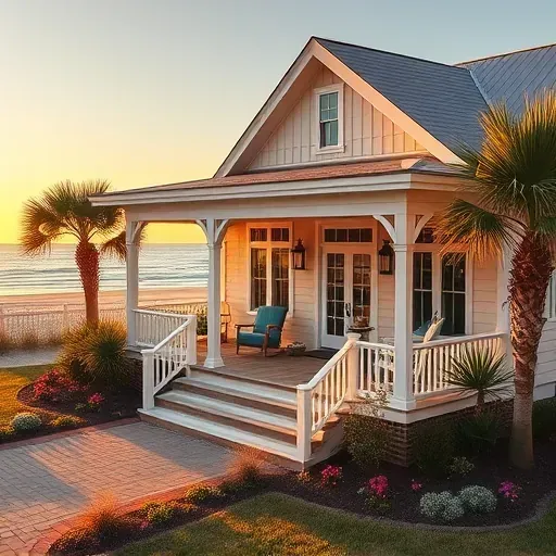Coastal-style home in Figure Eight Island NC showcases elegant design, vibrant landscaping, and serene beach backdrop.