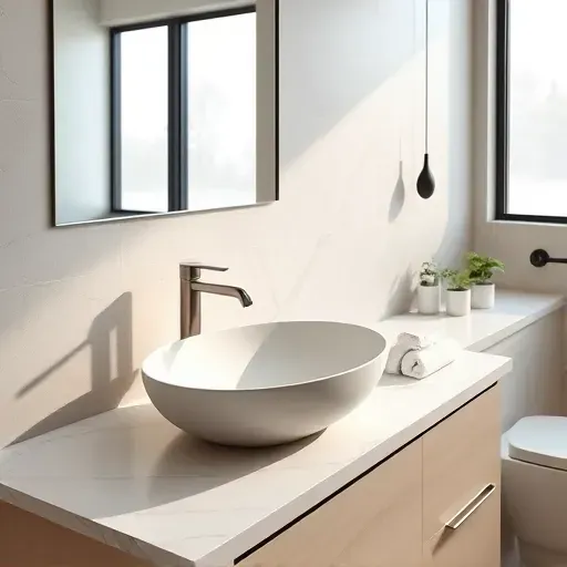Luxury modern bathroom sink with marble countertop, minimalist basin, metallic faucet, neutral tiles, natural light, and elegant decor