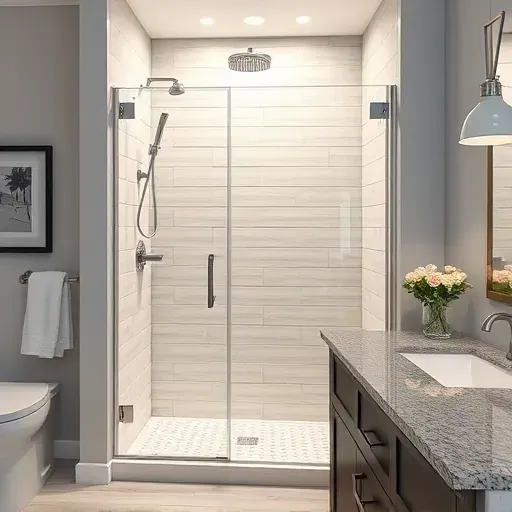 Recently completed modern shower with glass doors chrome fixtures and neutral tiles in Hampstead North Carolina