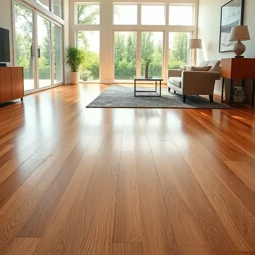 Close-up of polished hardwood flooring in Hampstead NC showing detailed grain patterns and subtle sheen in a spacious, elegant room