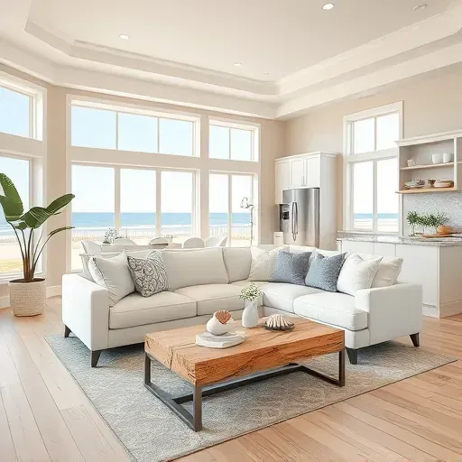 Coastal-inspired living room in Kure Beach NC with light hardwood floors, beach views, and elegant décor.