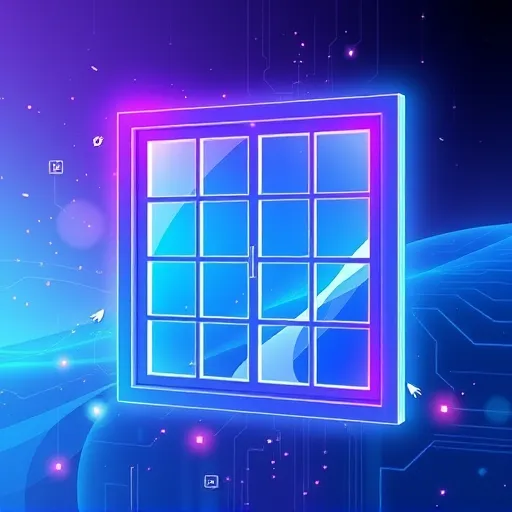 A modern digital artwork illustrating a stylized Windows icon featuring a glowing, iridescent window frame with vibrant blues, greens, and violet hues. The abstract background hints at digital interfaces, connectivity, and a dynamic digital universe, with floating pixel-like particles, faint circuit lines, and transparency effects. Playful details include bouncing cursor arrows, miniature flying icons, and reflective glass reflections, creating a lively yet sophisticated scene. The artwork employs smooth gradients, crisp lines, and soft glows in a digital art style, emphasizing futuristic holographic workspace elements. The color palette highlights cool blues, greens, and accents of white and violet, conveying innovation, clarity, progress, and playful curiosity—ideal for tech-focused blogs, software, and the digital landscape.