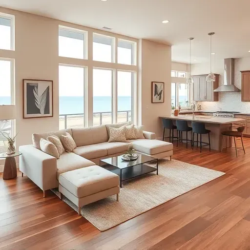 Beautifully remodeled living room in Wrightsville Sound, NC, featuring modern decor and coastal views through large windows.