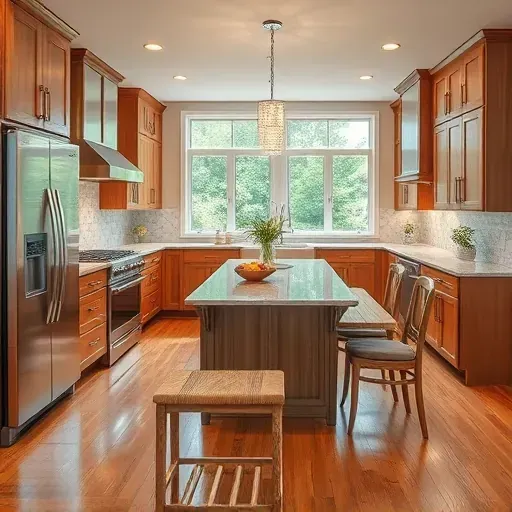 Renovated kitchen in Holly Ridge NC featuring modern rustic design with granite island and warm wood cabinetry.