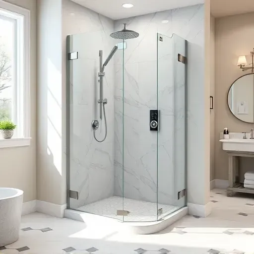 Recently installed modern walk-in shower in Hampstead NC with glass doors marble tiles stainless fixtures and coastal decor