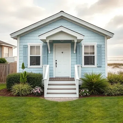 Completed home remodeling in Surf City NC, featuring coastal colors, elegant shutters, lush landscaping, and serene skies.